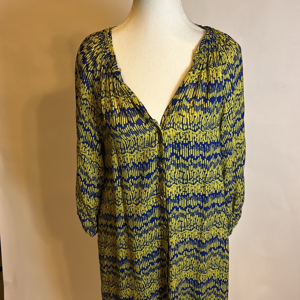 Shoshanna | Silk Chartreuse and Purple 3/4 Sleeve Shift Dress | Size 6 - Picture 3 of 17